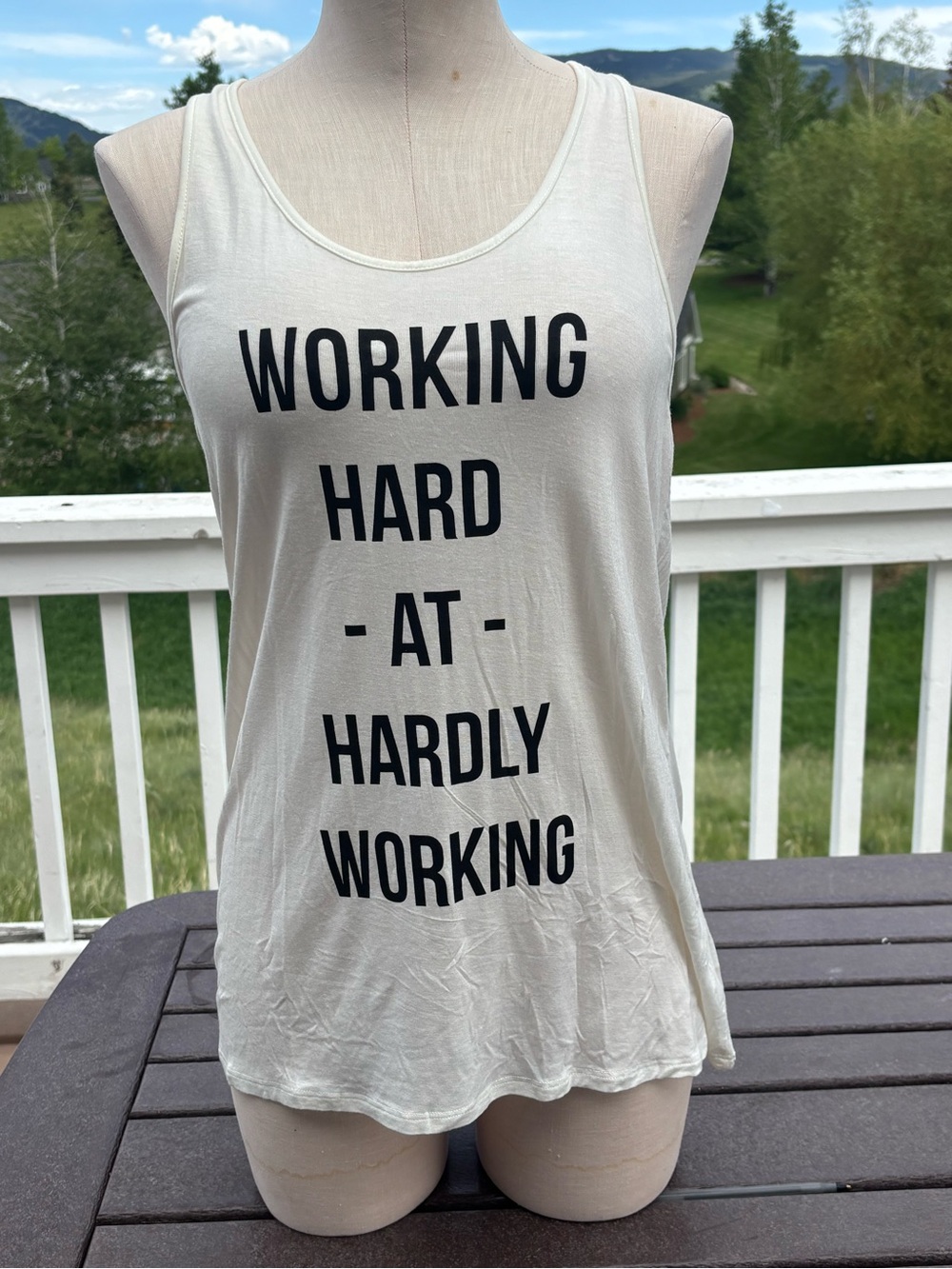 Bear Dance Cream Tank Top with Black Text "WORKING HARD - AT - HARDLY WORKING"